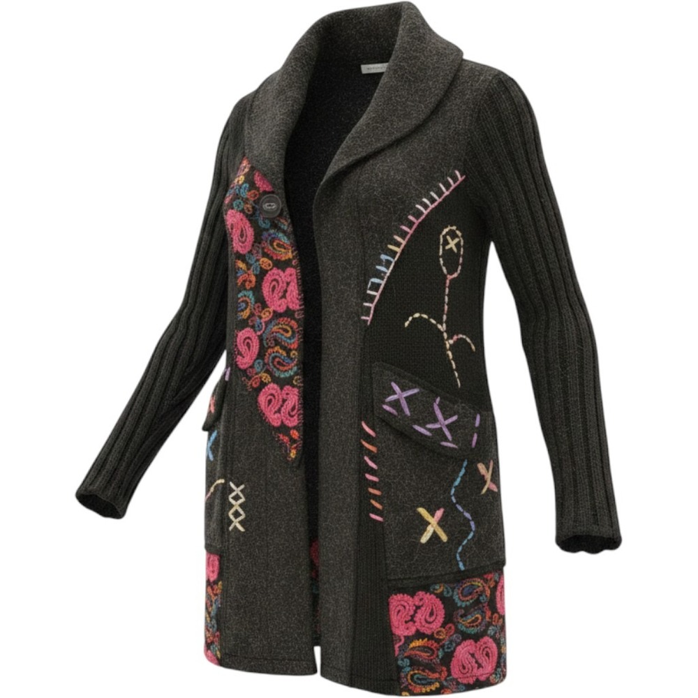 Liquid by Sioni Womens Black Wool Blend Embroidered Paisley Cardigan Sweater M